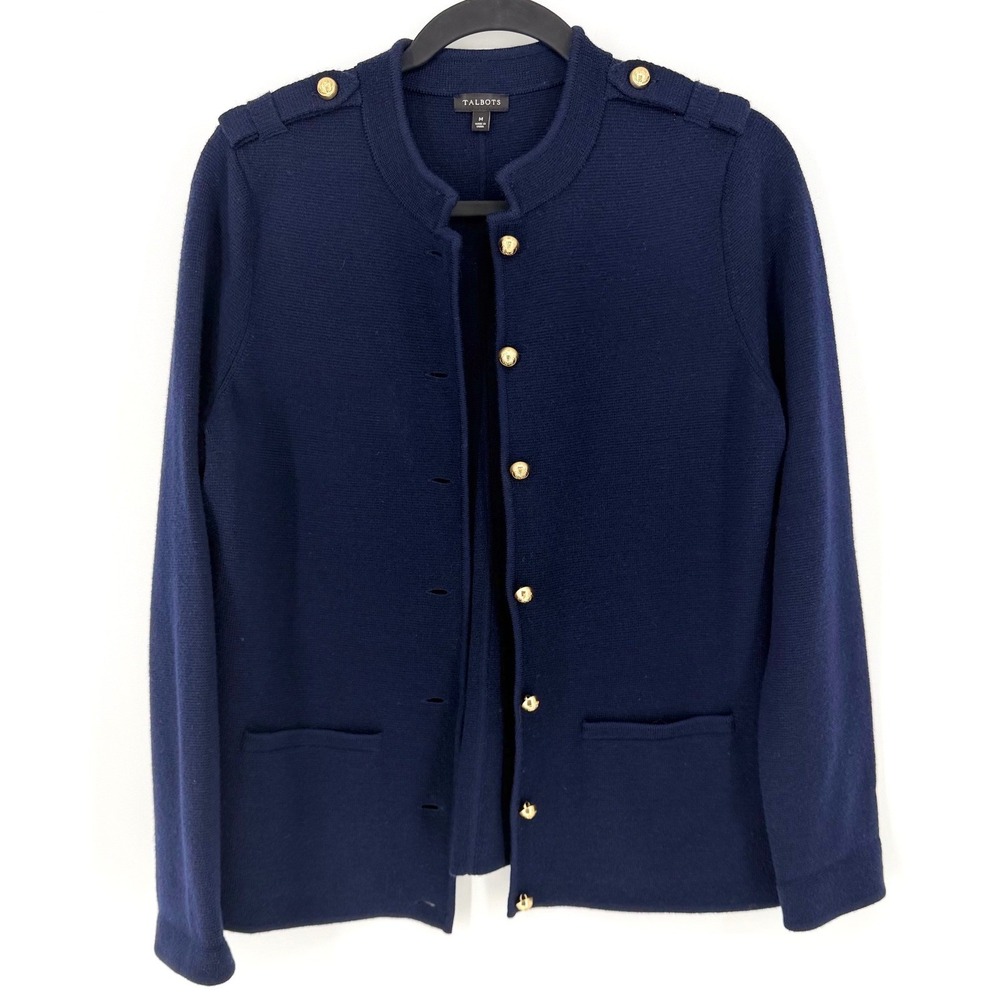 Talbots Cardigan Sweater Jacket M Navy Blue Merino Wool Gold Nautical Coastal